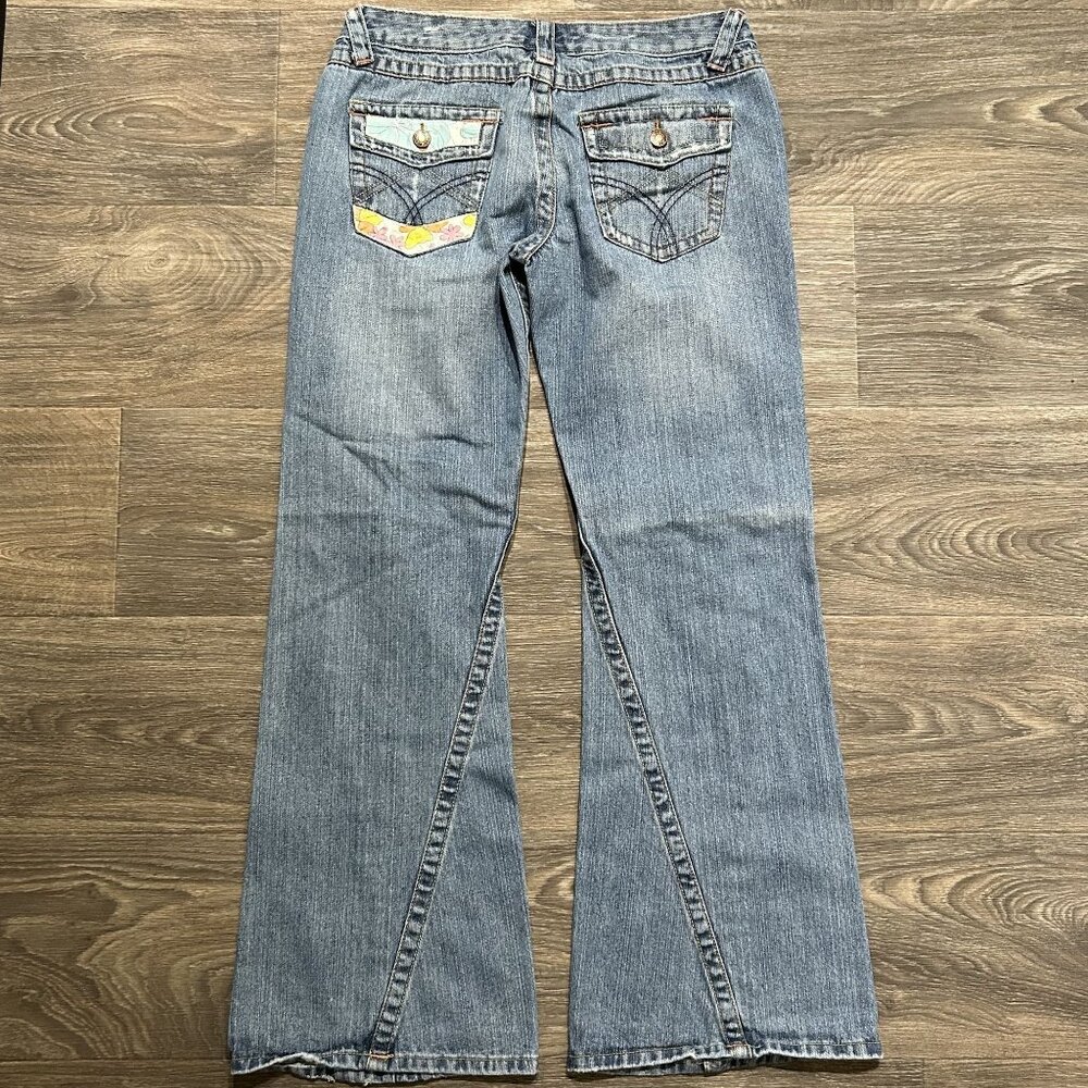Be Good Size Large Patchwork Embroidered Denim Distressed Flare Jeans Y2K 00s - Picture 2 of 13